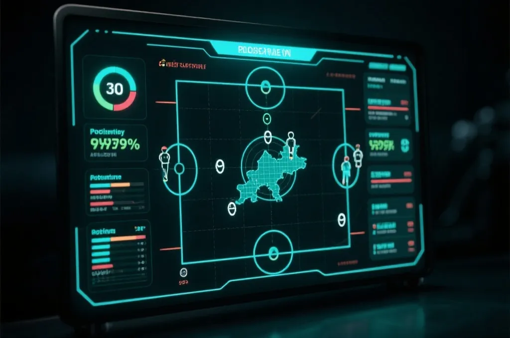 A professional tactical glowing virtual board showing football data analysis metrics like possession percentage and heatmaps
