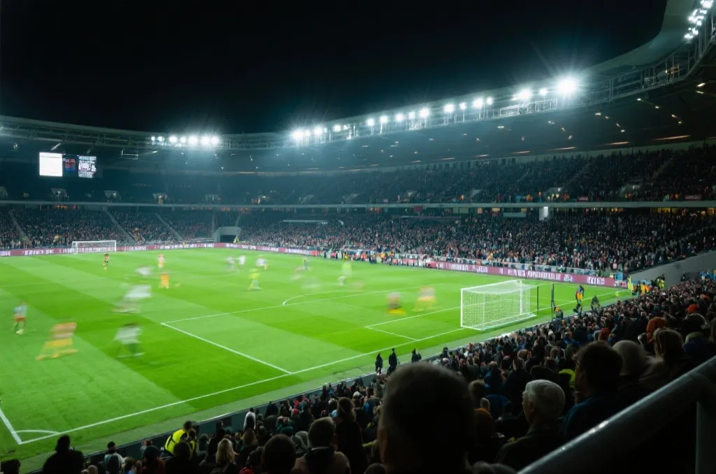 A wide-angle shot of a modern crowded football stadium under bright floodlights during an evening match with green pitch and blurry players