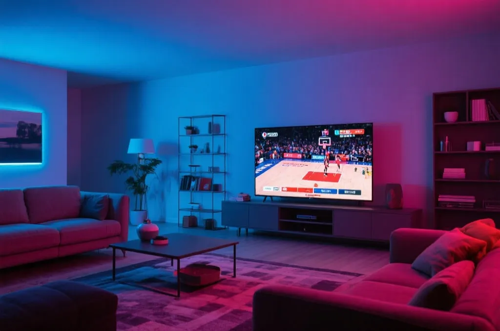 A modern living room with a large smart TV showing a basketball match, vibrant colors, cinematic lighting, editorial style